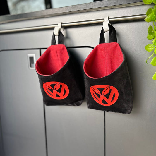 black velour hanging basket with red Volkswagen leaf logo