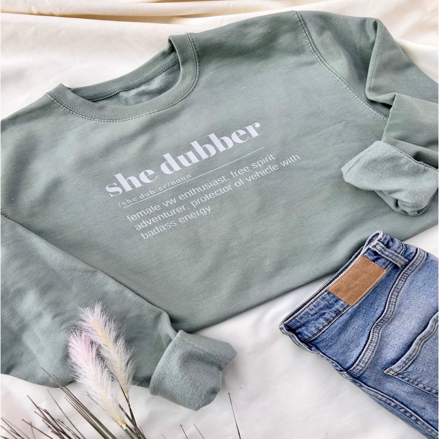 she dubber sweatshirt in dusty green with she dubber definition