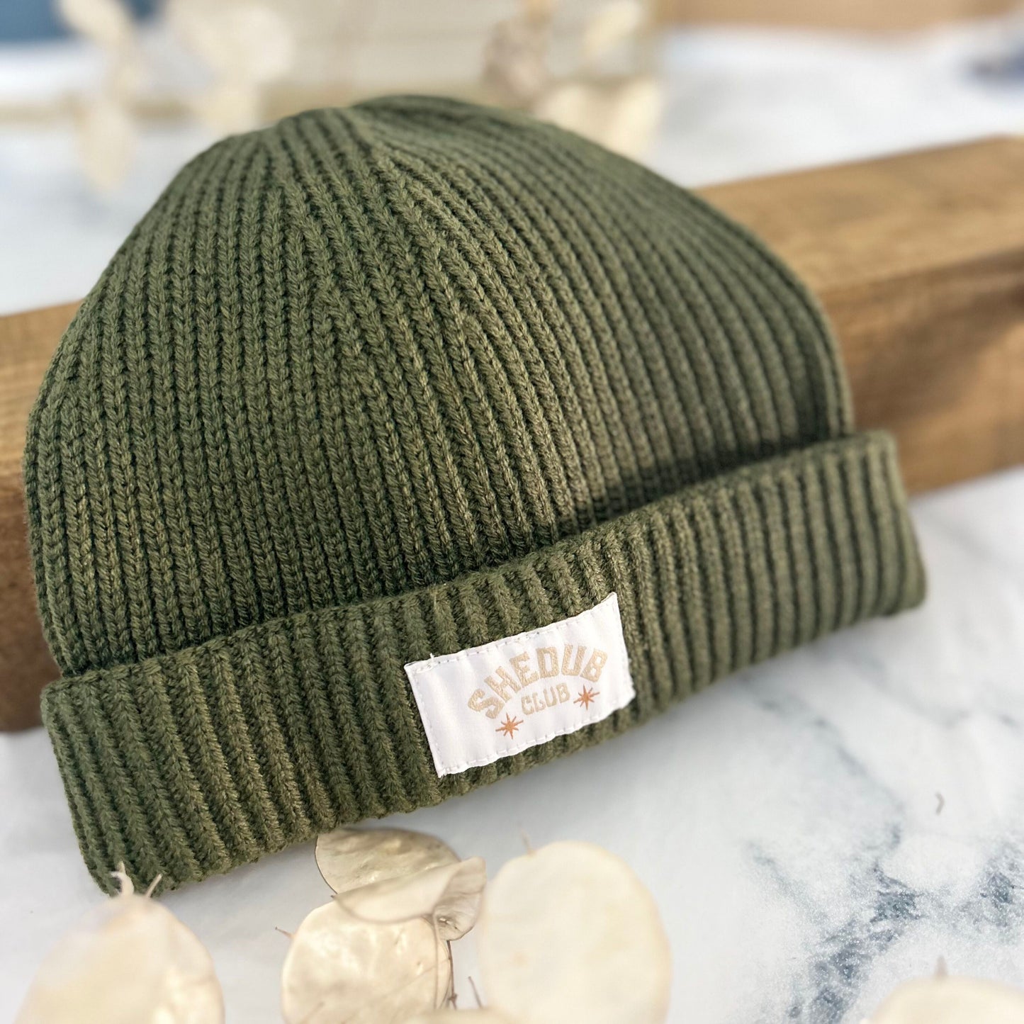 ribbed beanie colour olive with embroidered shedub club