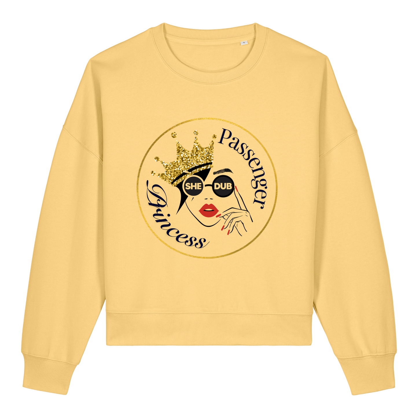 Butter yellow colourway with shedub logo wearing a crown with passenger princess printed on the front.