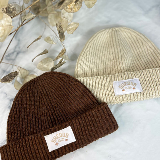 Fishermans beanies with embroidered Shedub club label on the front