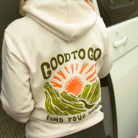 Vintage white Hoodie with Good to Go find your peace slogan. Green mountains and coral sunset