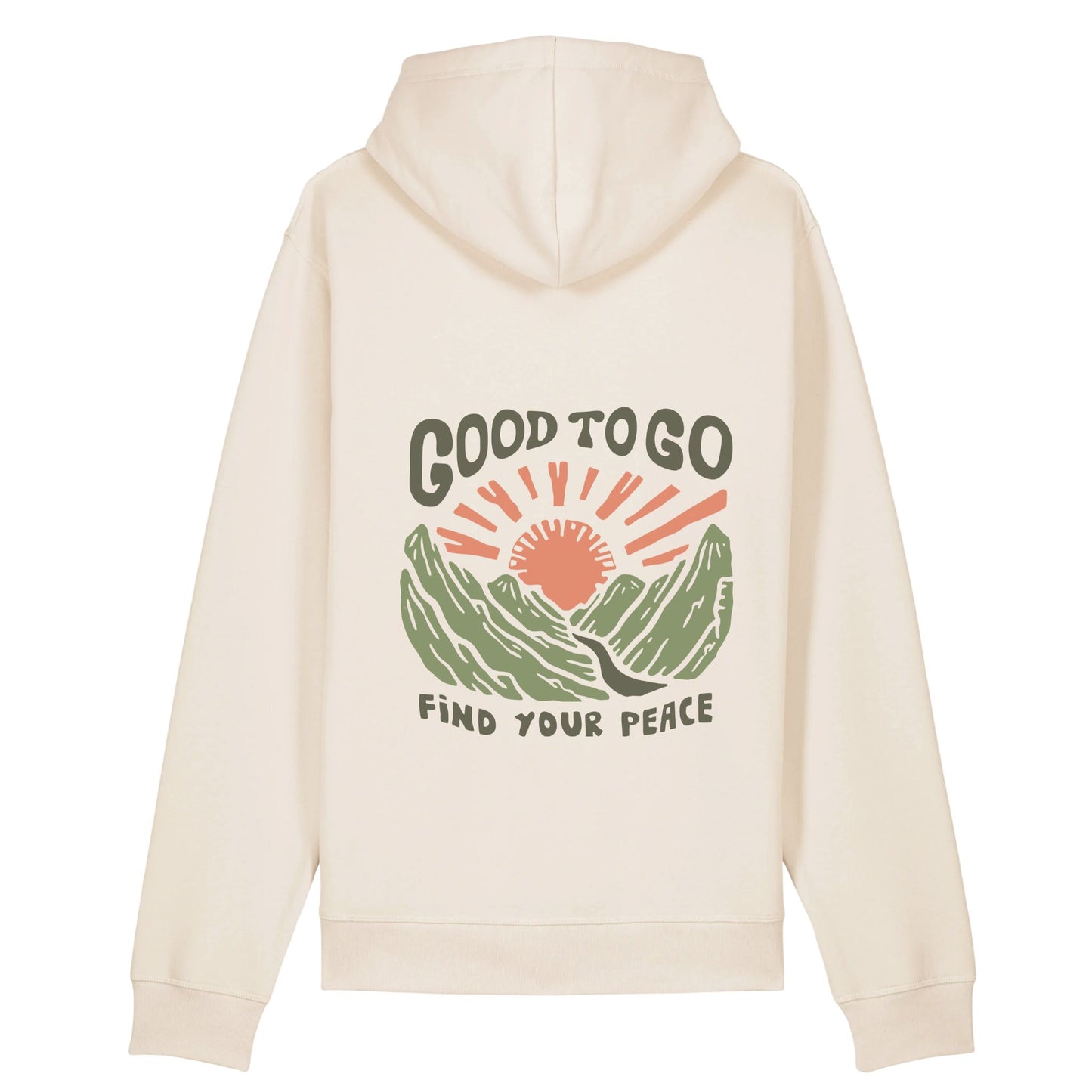 Vintage white Organic Hoodie, Good to Go Find your peace slogan on the back in coral and green, mountains and sunrise