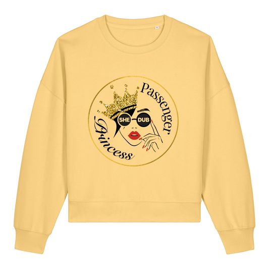 Butter yellow colourway with shedub logo wearing a crown with passenger princess printed on the front. 