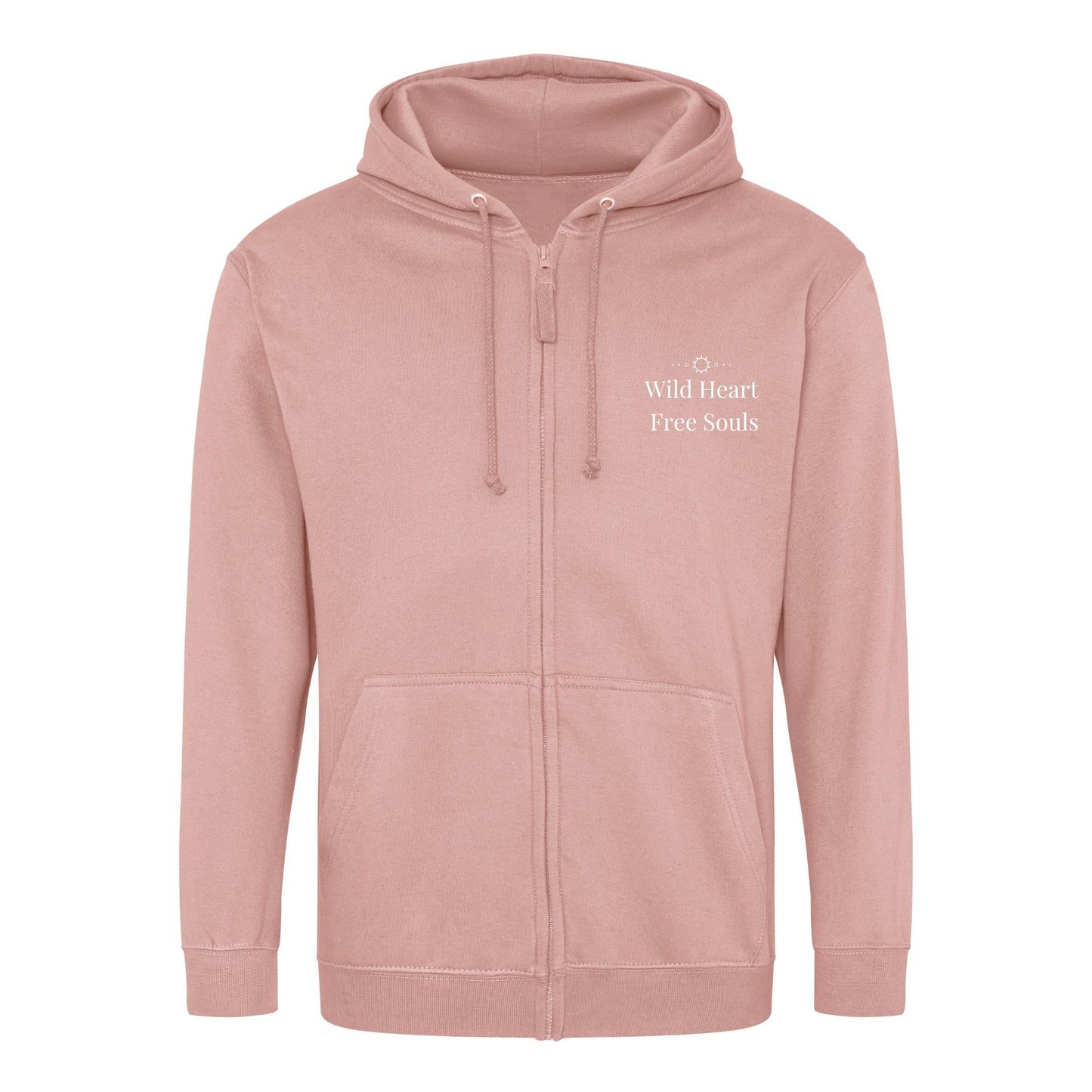 Dusty Pink Zip Hoodie with Shedub Make your soul happy on the back with a moth and moon. Wild Heart free souls on the chest