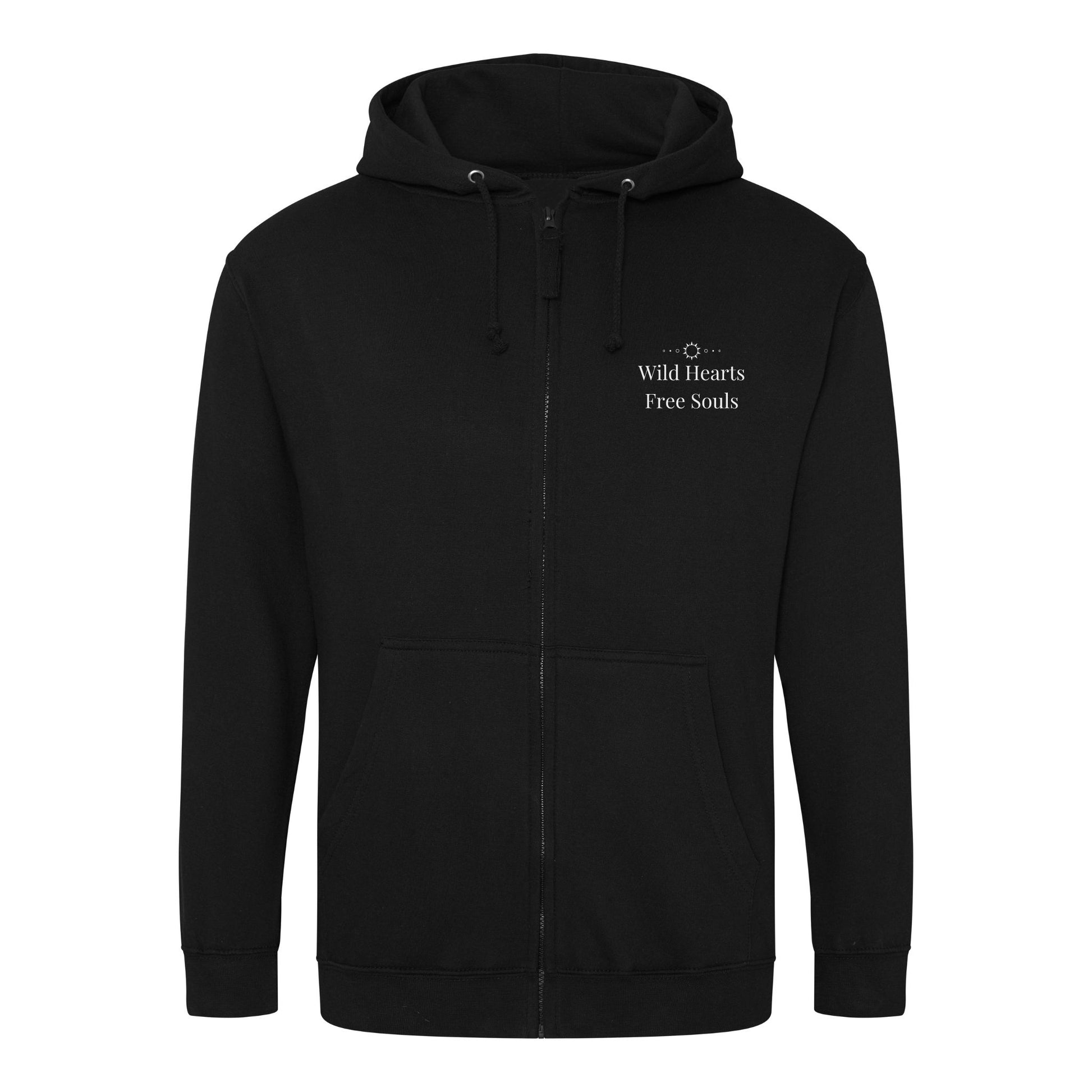 Zip hoodie in black with shedub make your soul happy on the back and wild hearts free souls on the front.